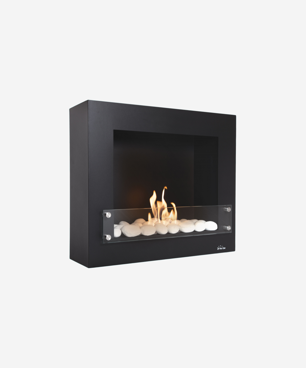 Chimenea de etanol en acero lacado con piedras cerámicas decorativas