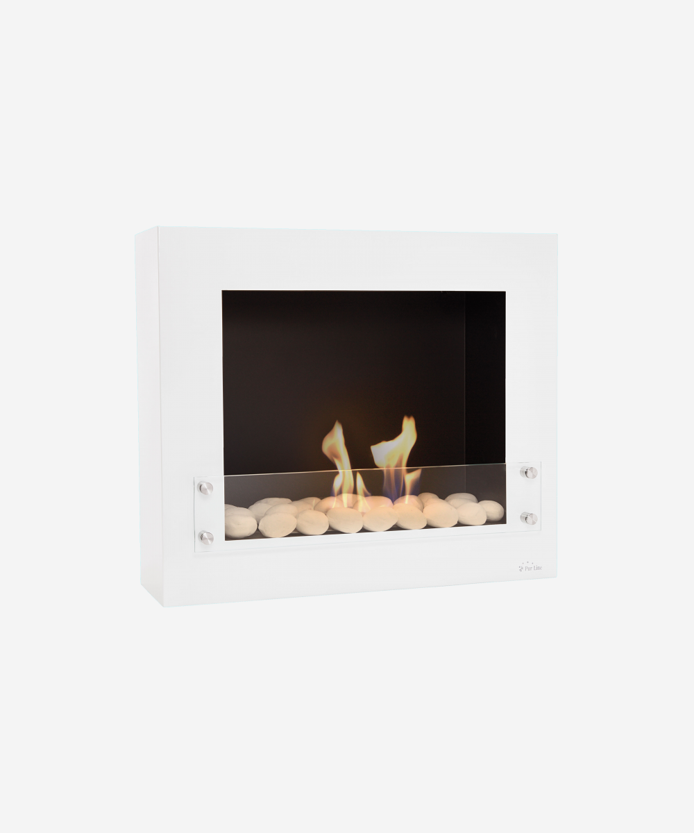 Chimenea de etanol mural en blanco con piedras cerámicas