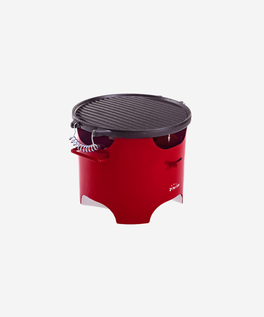 Barbacoa de etanol 0.5L en acero rojo y plancha redonda de hierro
