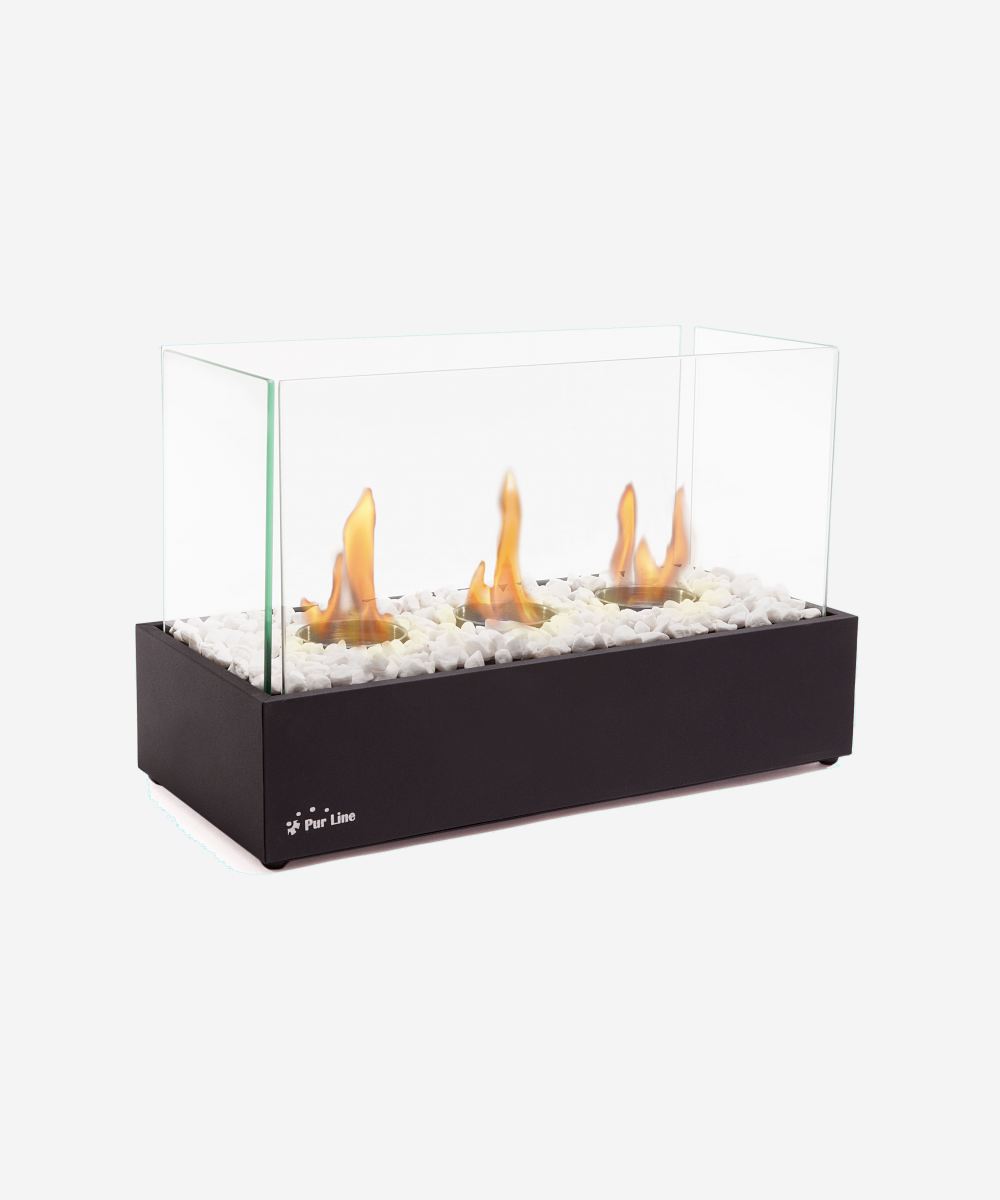 Chimenea de etanol de sobremesa en metal negro y con triple llama