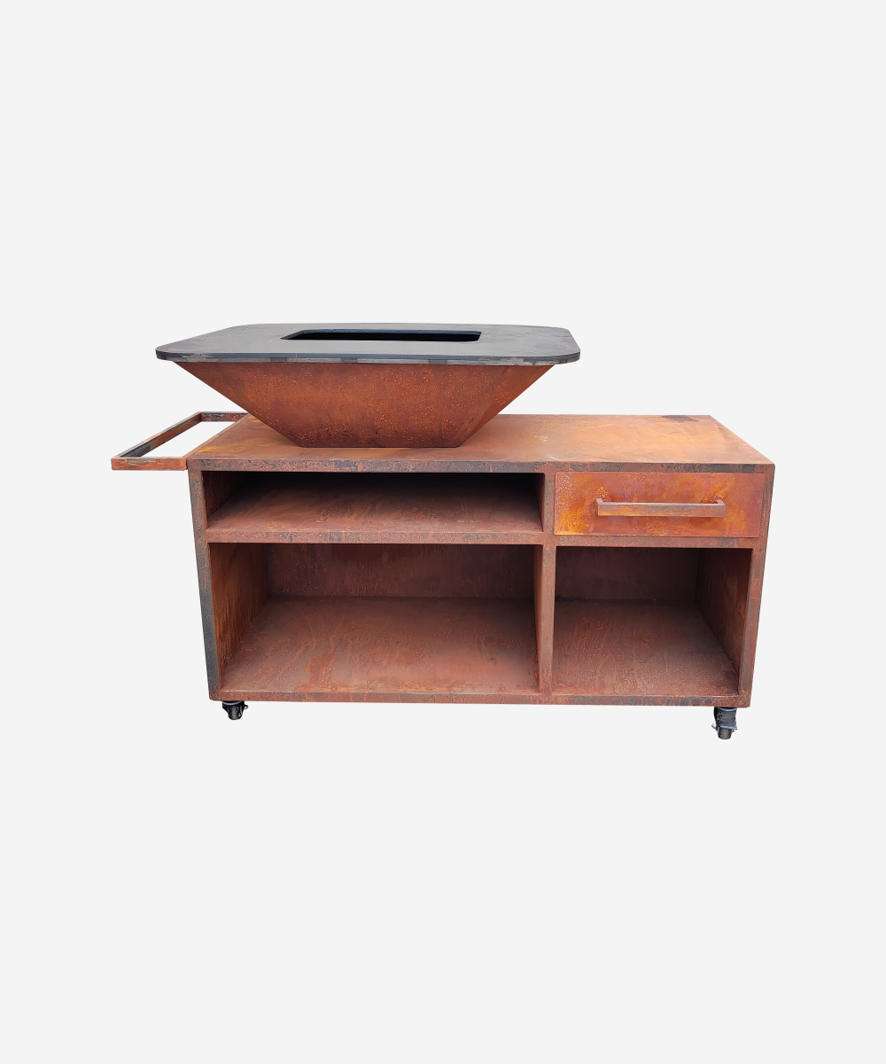 Barbacoa con mueble en acero corten con plancha y grill
